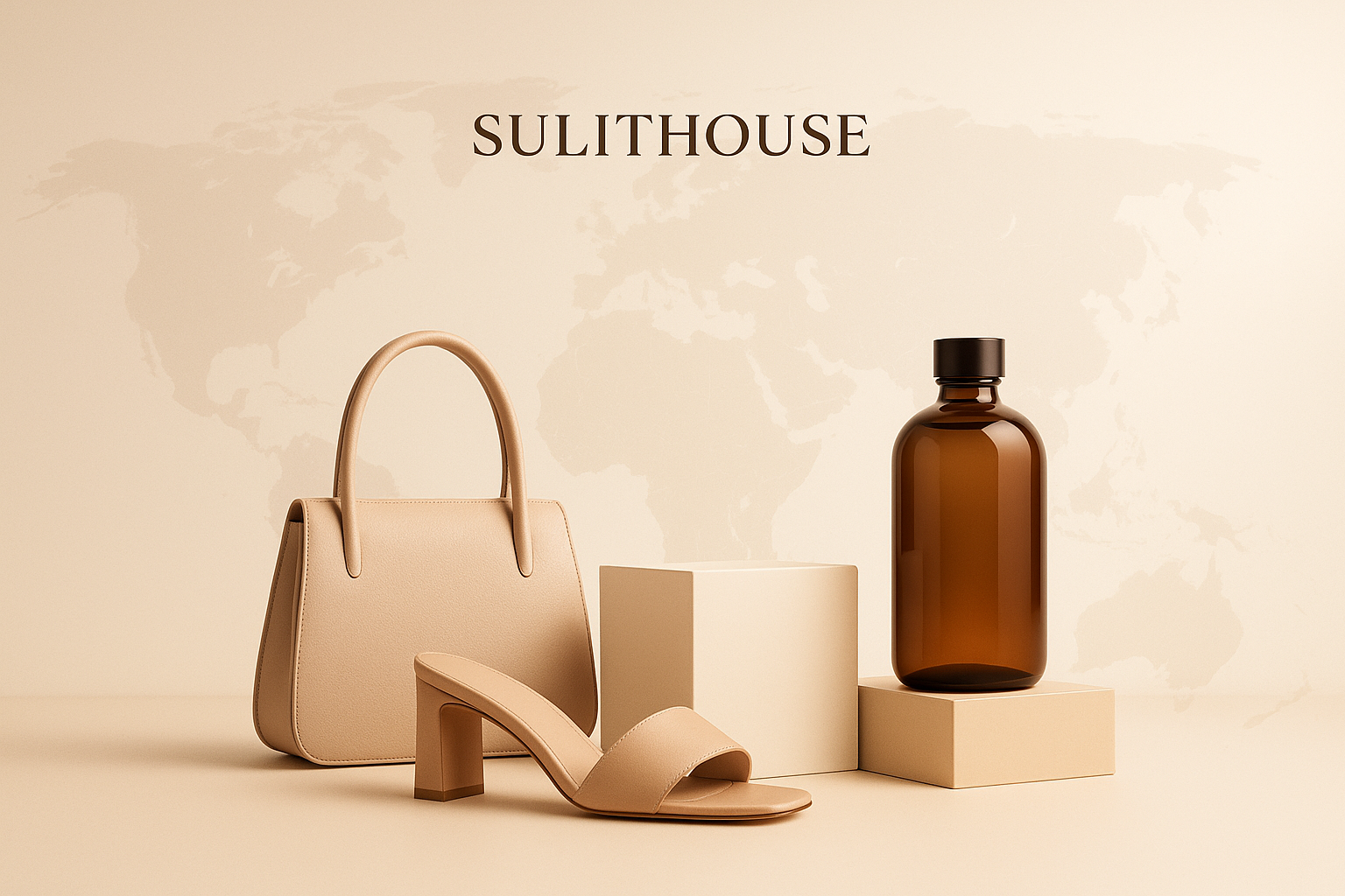 A premium elegant website cover for Sulithouse with sophisticated design, global marketplace elements, and warm tones