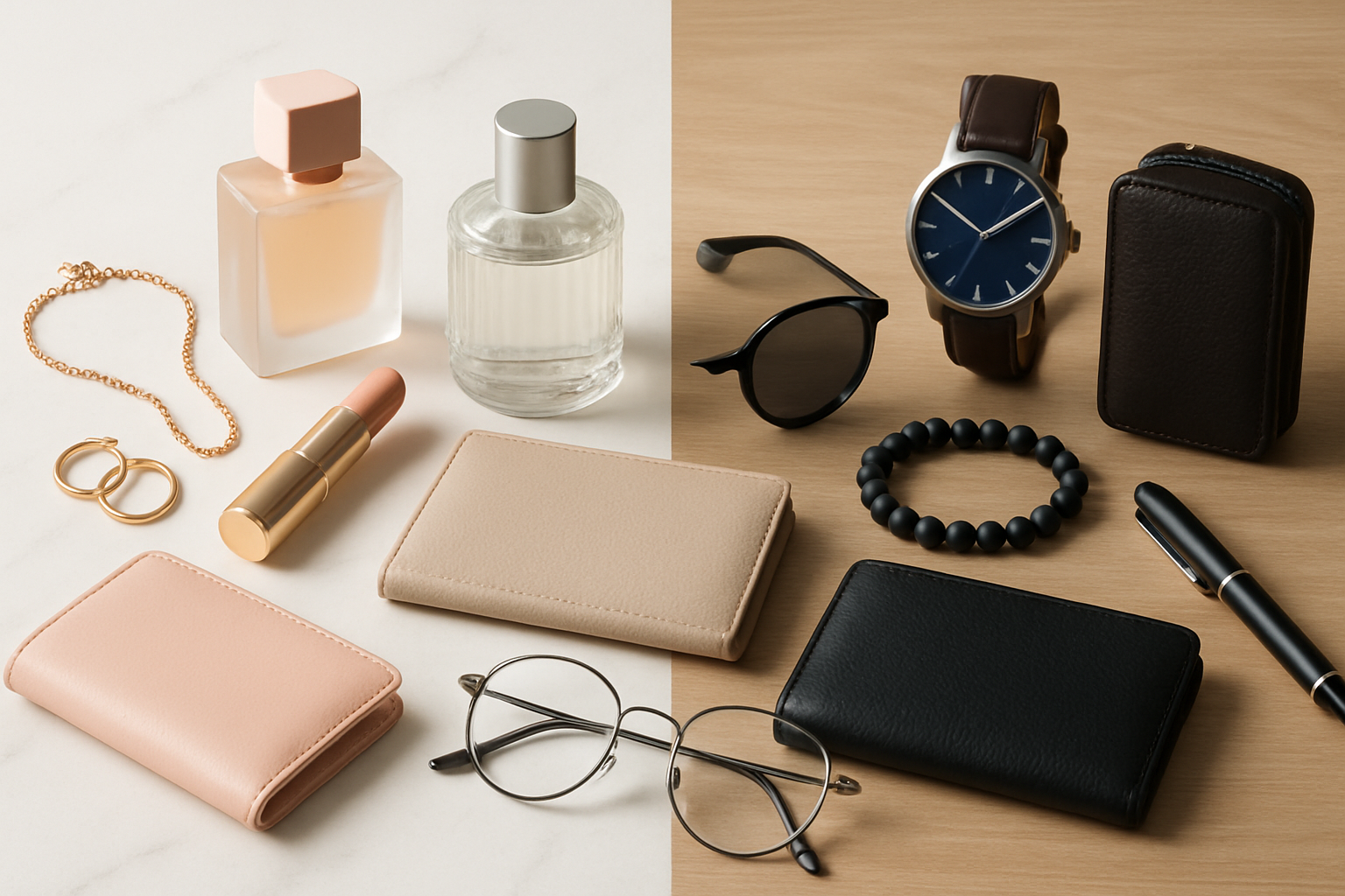 Balanced product showcase with feminine items like jewelry and perfume on one side and masculine items like watches and leather goods on the other, arranged on marble and wood background